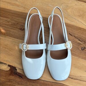 ME & EM White Patent Leather Slingback Flats with Pearl Buckle